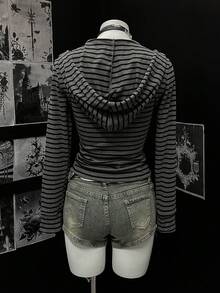 EgrlEra 女士时尚条纹印花拉链连帽长袖卫衣 - 深灰色 - 查看 2