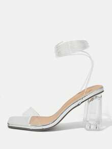 Women's Square Toe Silver High Heel Sandals