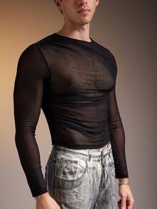 FeverCity Men's Mesh Sheer Casual Asymmetrical Long Sleeve Round Neck T-Shirt - Black - View 4