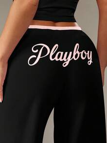 Missguided x Playboy 蕾丝边睡衣套装，包括吊带背心和阔腿裤，家居服 - 黑粉紅色 - 查看 6