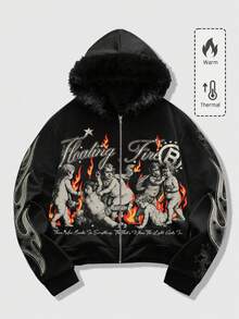 ROMWE MEN Street Life Sudadera con capucha de estilo gótico para hombre de otoño/invierno con cuello de piel, top de manga larga