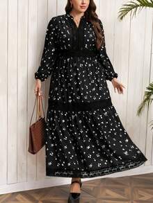 SHEIN LUNE Váy ren họa tiết hoa cỡ lớn, cổ chữ V nhỏ, tay dài, ren, quần áo mùa thu, quần áo trở lại trường, phong cách cổ điển, trang phục công sở cho nữ, sân bay cho nữ, trang phục ngày lễ đơn giản và thời trang, váy boho cho nữ, trang phục ngày lễ thanh lịch, đi làm hàng ngày và ngoài trời, váy dài thon gọn Essentia, váy thanh lịch, váy dự tiệc cưới, váy thanh lịch cho tiệc lễ hội dành cho nữ - màu đen - Xem 7