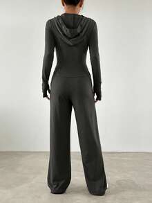 SHEIN EZwear 女款修身連帽衫上衣和直筒褲休閒運動服套裝 - 灰色 - 查看 2