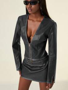 Aveloria Affinna 2pcs Y2K Distressed Black PU Leather Crop Top With Deep V-Neck Zipper Design And Low Waist Mini Skirt Set, Sexy Party Casual Outfit - Dark Grey - View 5