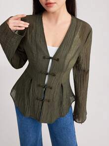 Veilorie 休闲纯色长袖修身女式衬衫 - 軍綠色 - 查看 5