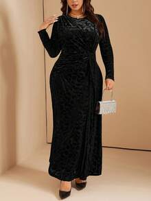 Comfylo Vestido ajustado de terciopelo con detalle retorcido en la cintura para tallas grandes - Negro - Ver 3
