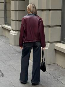 Aloruh Women's Elegant Coat,Barn-Style Color-Blocked Jacket,Fashionable & Versatile Commuter Ancla Red PU Jacket In,Women's Winter,Women's Winter Jacket,Fall For Women,Autumn For Women,New Year,Chic Women's Jacket,Burgundy Coat,Old Money Style,Casual Coat,Fall/Winter - Coffee Brown - View 2