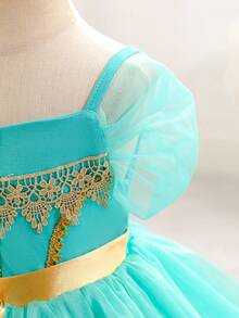 SHEIN Glamorique Kids Đầm công chúa voan cho bé gái, đầm lưới màu xanh lá cây, đầm dự tiệc sinh nhật, đầm dạ hội, đầm voan phồng hai dây màu xanh lá cây, đầm dự tiệc với ruy băng vàng, phong cách Trung Đông, đầm dạ hội thanh lịch - màu xanh lá - Xem 8