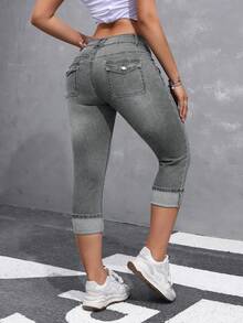 SHEIN ICON 女士休闲水洗低腰修身牛仔裤 - 淺灰色 - 查看 2