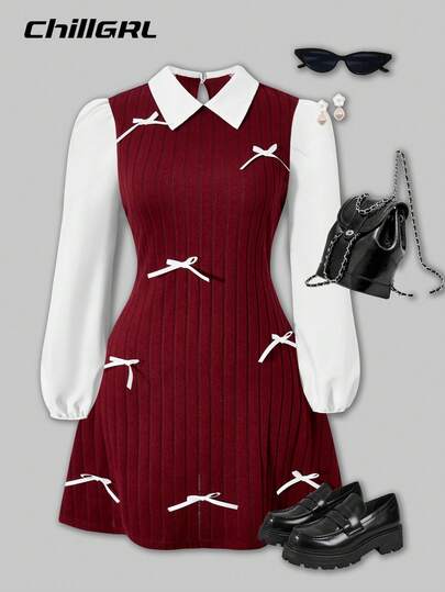 SHEIN Streecool Teen Girl Casual College Style Teen Girl Patchwork Long Sleeve Short Casual Dress