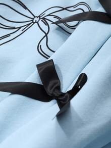 Dazy Kids 2pcs/Set Young Girls Round Neck Knit Thermal Lined Bow Print Top & Pants Set, Fall - Blue - View 6