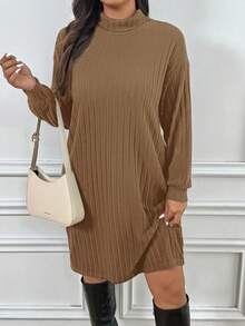 SHEIN Frenchy Plus Size Solid Color High Neck Drop Shoulder Long Sleeve Loose Ribbed Knit Dress - Khaki - View 1