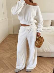 SHEIN EZwear Women's Casual Fluffy Outfit Cream Two Piece Set Comfortable Two Piece Set - White - View 5