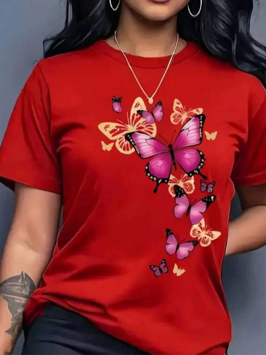 Camiseta casual mujer diseño navideño cuello redondo manga corta - Rojo - Ver 1