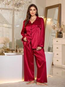 MuseNap CURVE Plus Size Striped Jacquard Faux Silk Lapel Pajama Set, Fall & Winter Clothes - Burgundy - View 2