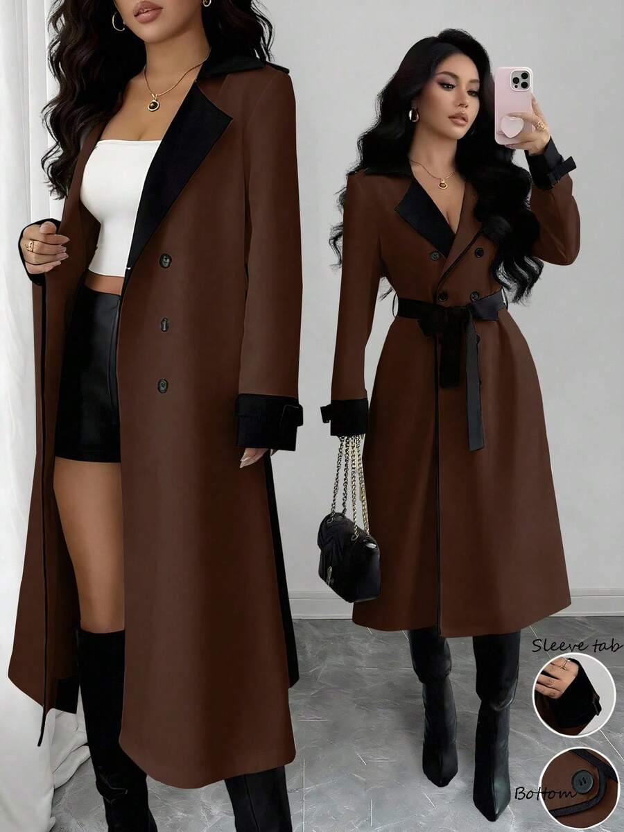 Elenzga 女士撞色领设计双排扣收腰优雅休闲通勤时尚法式风衣，奶油白与杏色拼接，长袖，秋冬款 - 彩色 - 查看 1