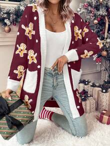 SHEIN LUNE Bear Pattern Dual Pocket Contrast Trim Dual Pocket Cardigan For New Year Clothes - Red - View 5