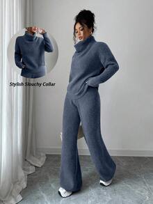 Elenzga Conjunto de dos piezas de suéter de punto de manga larga holgado y pantalones de color camello elegante y casual, adecuado para ir al trabajo, otoño/invierno - Azul - Ver 3