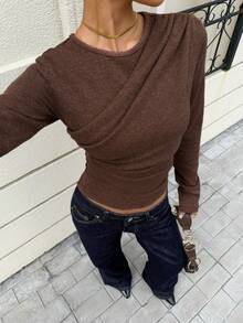 Siren Gaze 女士棕色毛绒修身打底衫，秋冬季 - 棕色 - 查看 1