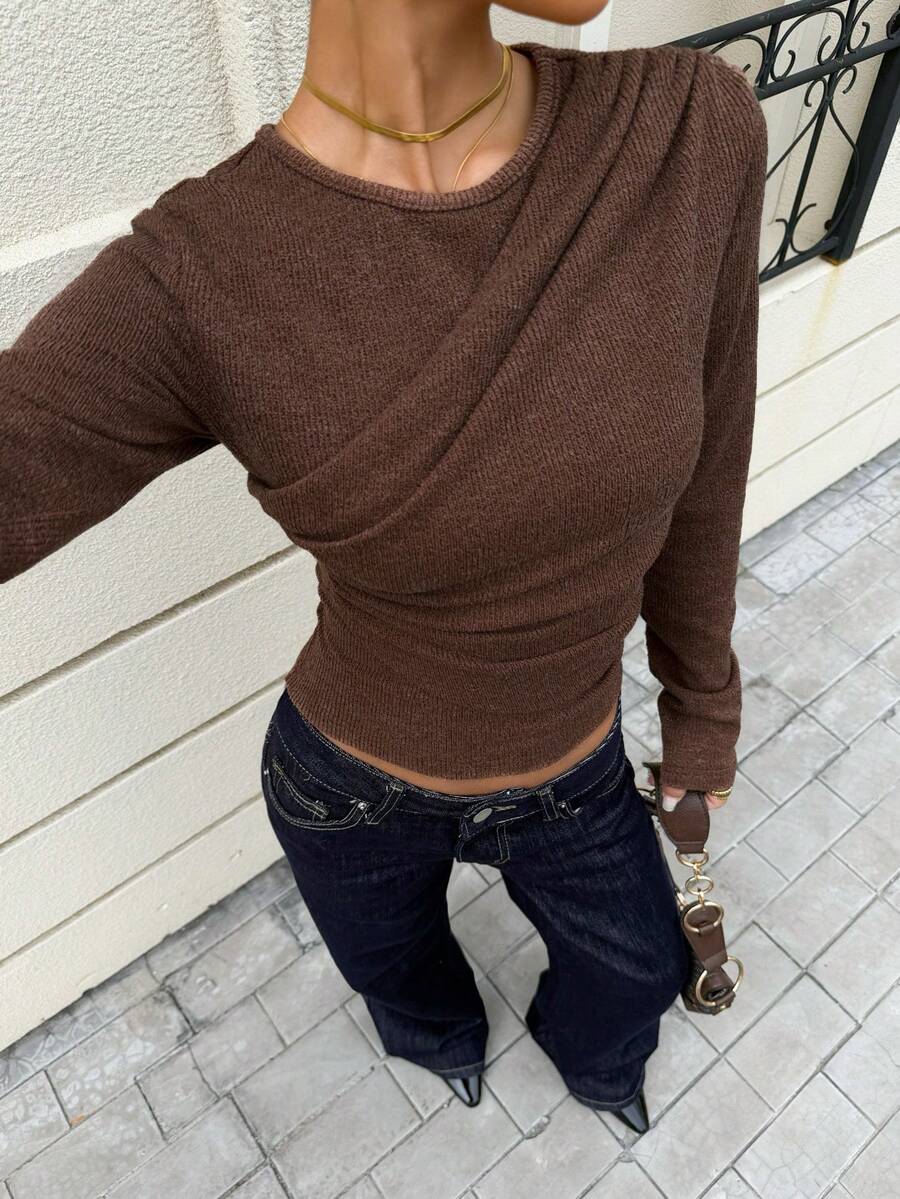 Siren Gaze 女士棕色毛绒修身打底衫，秋冬季 - 棕色 - 查看 1