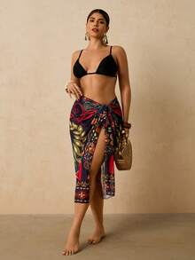 Travachic Váy khoác ngoài cỡ lớn in họa tiết nhiệt đới, kiểu quấn thắt nơ, chất liệu chiffon in họa tiết lãng mạn mùa xuân sớm, thích hợp cho nữ đi biển mùa hè 2026. - Nhiều màu - Xem 3