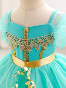 SHEIN Glamorique Kids Đầm công chúa voan cho bé gái, đầm lưới màu xanh lá cây, đầm dự tiệc sinh nhật, đầm dạ hội, đầm voan phồng hai dây màu xanh lá cây, đầm dự tiệc với ruy băng vàng, phong cách Trung Đông, đầm dạ hội thanh lịch - màu xanh lá - Xem 7