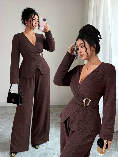 Elenzga Plus Size Women's French Casual Elegant Textured Chiffon Long Sleeve 2-Piece Set, Autumn/Winter Modest Two Piece Set Suit Dress Brown Two Piece Set Women 2 Piece Sets Woman Classy Elegant Two Piece Set Long Sleeve Two Piece Set Elegant 2 Piece Set Brown Long Sleeve Set Women Two Piece Set Brown Long Sleeve Pants Set