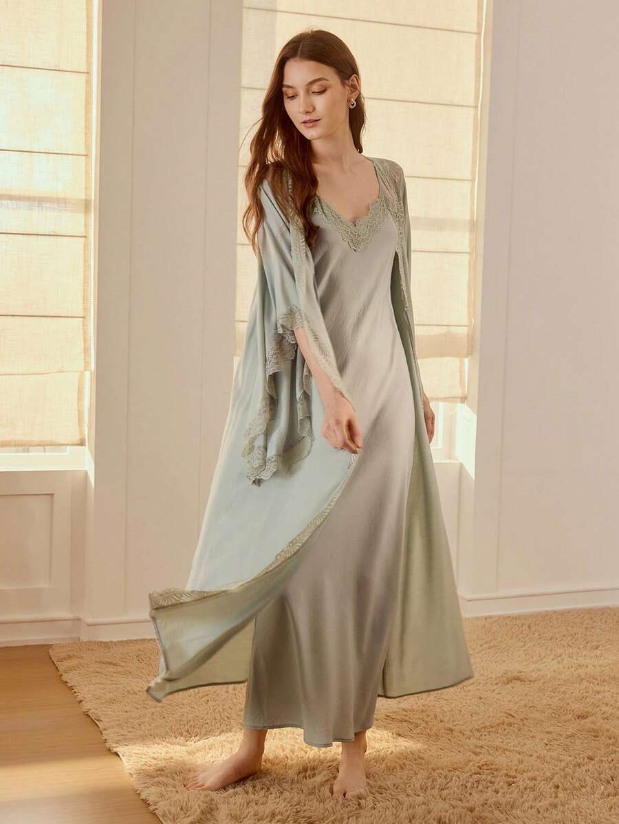 MOTF PREMIUM CONTRAST LACE BIAS CUT CAMI DRESS & FLARE SLEEVE ROBE PAJAMA SET - Green - View 1