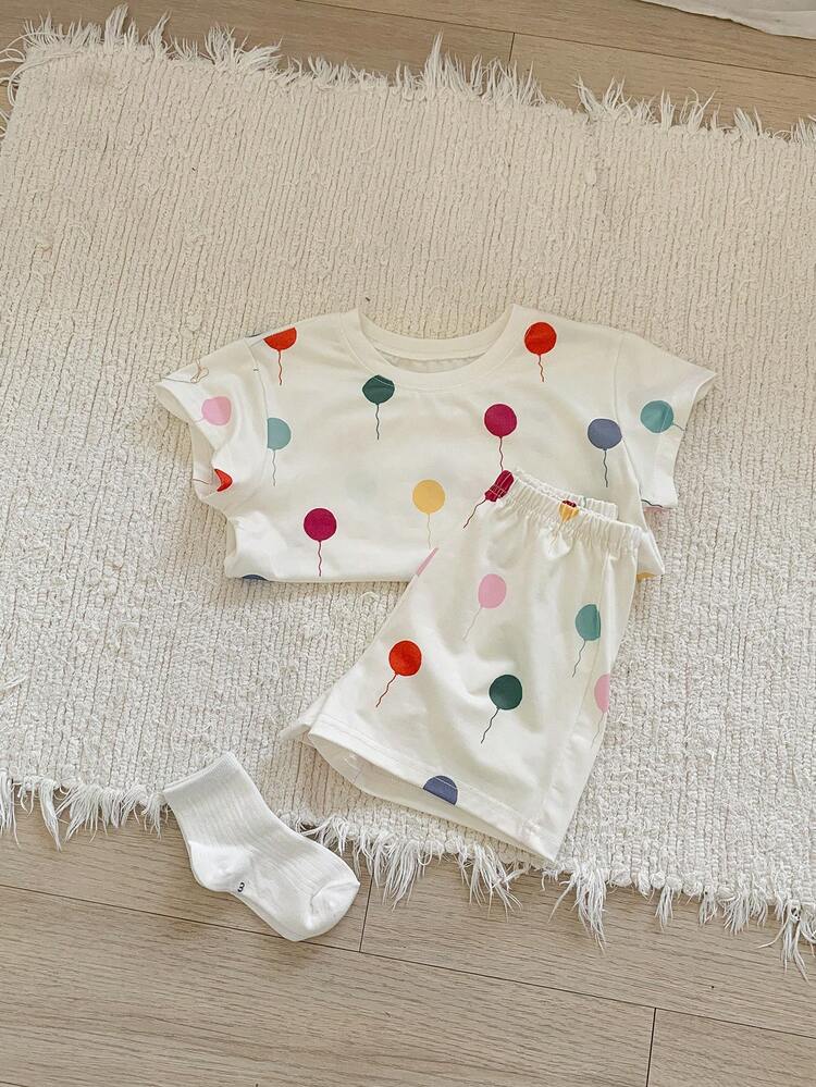 2pcs/Set Young Girl Balloon Print Short Sleeve Top And Shorts Set,Girls Summer Outfits