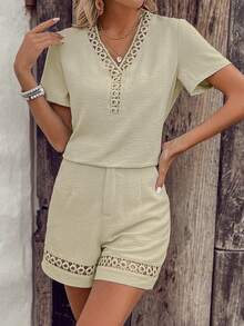 EMERY ROSE Conjunto de dos piezas de camisa de manga corta con parches de encaje y shorts para damas - Albaricoque - Ver 4