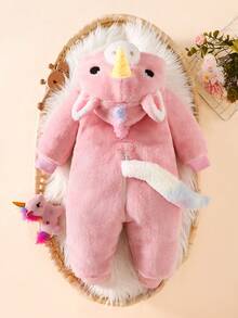 SHEIN Bộ đồ liền thân kỳ lân dễ thương cho trẻ sơ sinh kèm mũ 3D đáng yêu, áo liền quần dài tay kèm quần, bộ quần áo trẻ em - Hồng - Xem 7