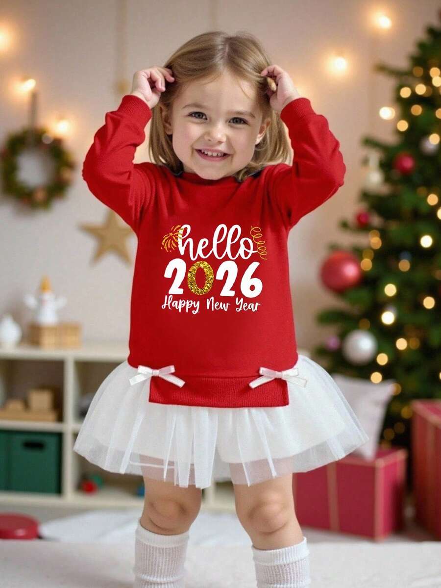 女婴6个月-3岁休闲优雅甜美套头连衣裙，红色卫衣裙，饰有“Hello 2026 Happy New Year”白色图案和网纱下摆设计，节日装饰，舒适的圆领长袖卫衣裙，适合秋冬春季穿着，休闲装扮，适合派对、聚会、户外野餐、拍照、送礼等场合。 - 彩色 - 查看 1