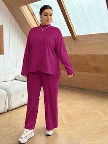 SHEIN Essnce Plus Size Women Solid Color Dropped Shoulder Long Sleeve Top And Wide Leg Pants Casual 2-Piece Set