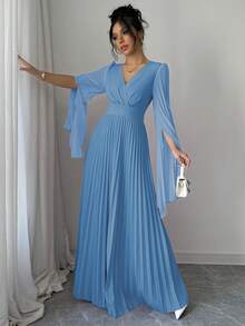 Elenzga Đầm Maxi Nữ Thanh Lịch Lãng Mạn Cổ Chữ V Tay Hở Xếp Ly Trang Phục Nữ - Màu xanh lam - Xem 5