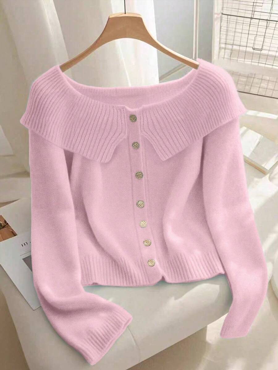 Franclia Button Decor Solid Color Knit Casual Long Sleeve Versatile Off Shoulder Sweater - Pink - View 1