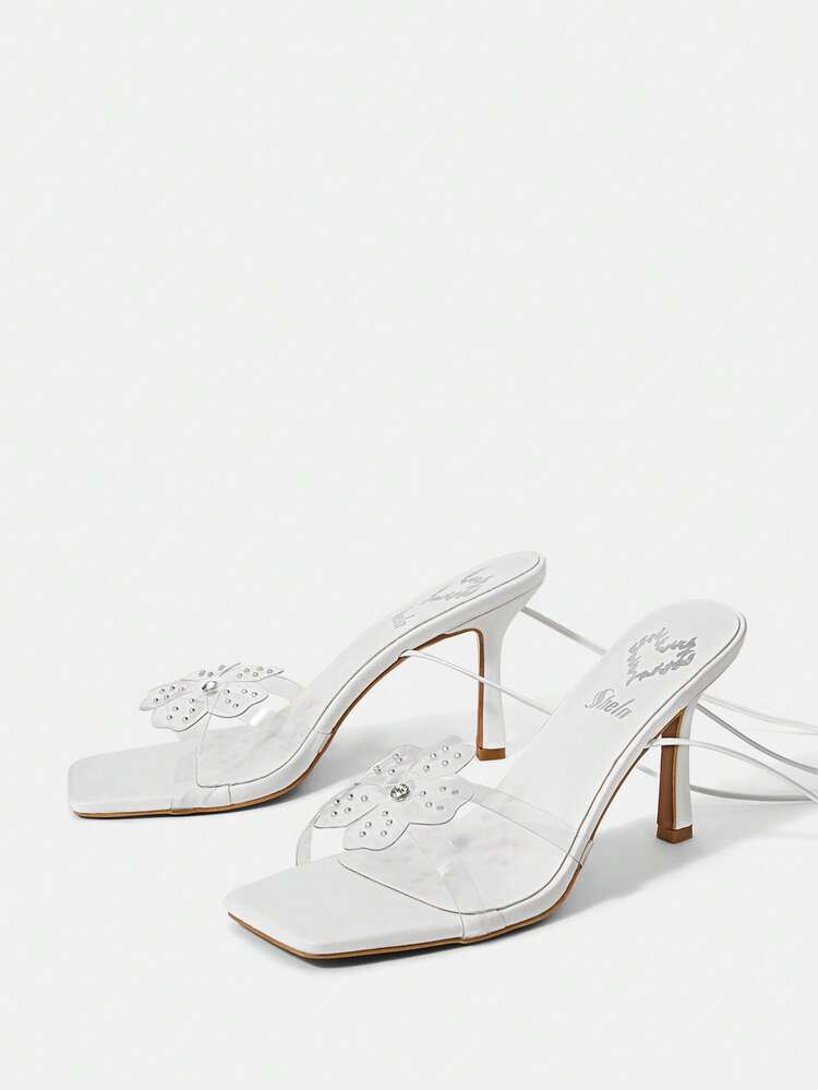 Translucent Tpu With Rhinestone Butterfly And Flower Decor Ankle Strap High Heel Sandals For Women