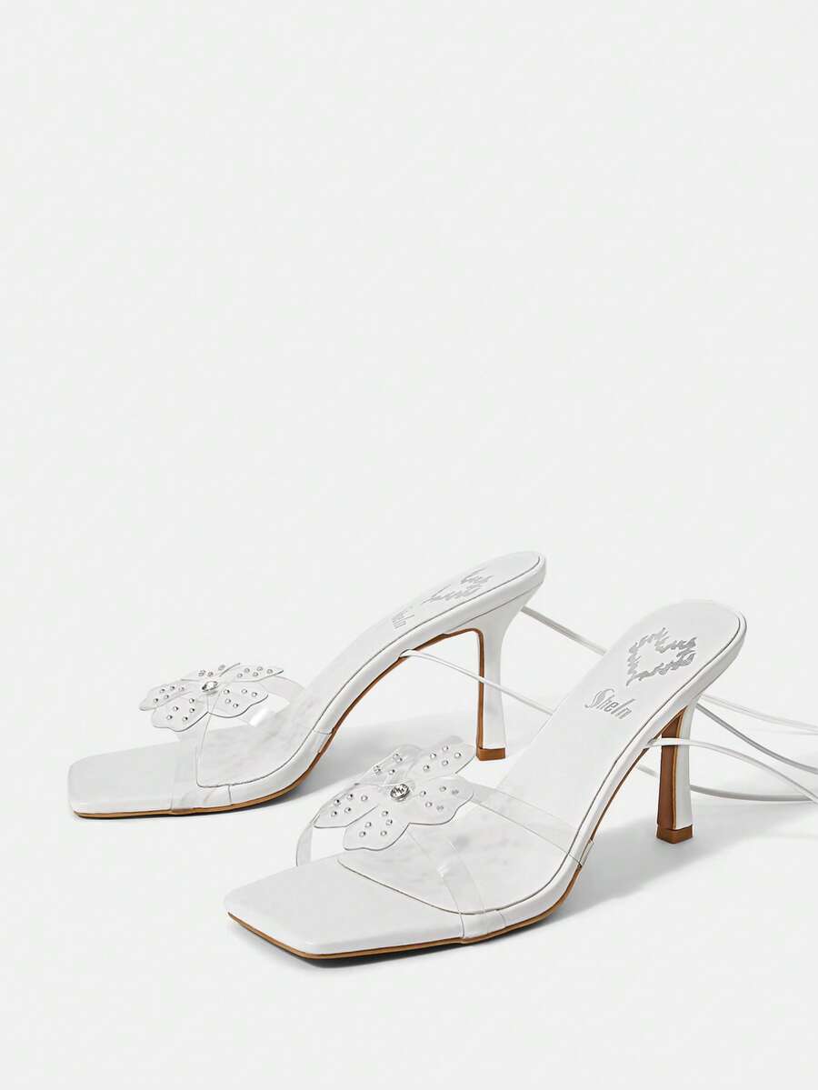 Tpu Translúcido Con Sandalias De Tacón Alto Con Decoración De Flores Y Mariposas De Diamantes De Imitación Para Mujer - Blanco - Ver 1