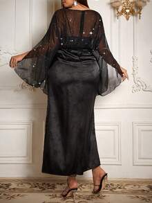 Flirla New Chinese Style Black Elegant Dinner Evening Formal Maxi Dress,Autumn Retro High Waist Patchwork V-Neck Short Sleeve Open Slit Cheongsam - Black - View 2