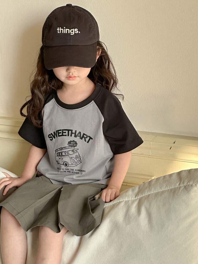 2pcs/Set Young Girls Solid Color Patchwork Round Neck Short Sleeve Print Simple Top And Skirt