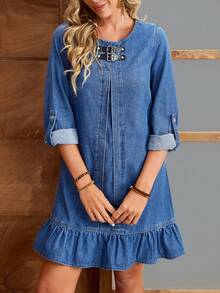 EMERY ROSE Women's Button Design Round Neck Rolled Sleeve Casual Loose Denim Dress - Blue - View 3