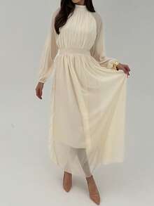 Aloruh 女士休闲纯色长袖收腰连衣裙 - 米色 - 查看 5