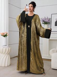 Al Najma 2025 New Middle Eastern Abaya Fashion Gold Foil Long Robe Cardigan Outerwear With Inner Long Sleeve Dress Suit
