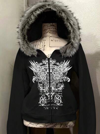 Glimmora Damtröja med huva, bokstavs- och vingtryck, dragkedja fram och pälskrage, vanlig storlek