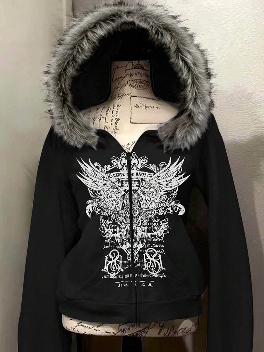 Glimmora Women's Regular Letter & Wing Print Zipper Front Hooded Sweatshirt With Fur Collar - Black - View 1
