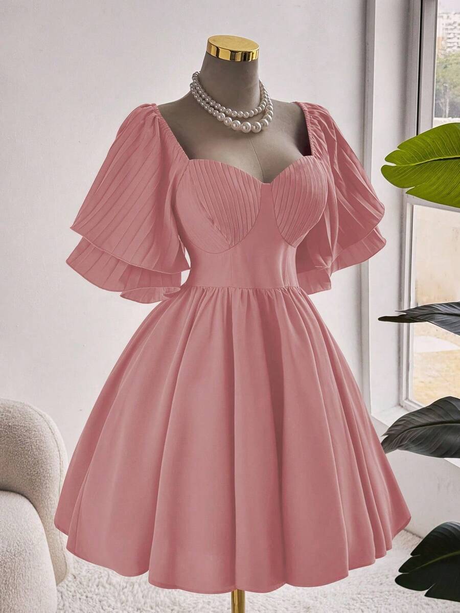 Franclia Váy ngắn tay màu hồng cỡ lớn thường ngày - Bụi hồng - Xem 1