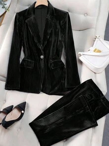 GlowEve Bộ áo khoác blazer nhung kèm thắt lưng và quần dài cho nữ, thích hợp cho đêm Giáng sinh, Giáng sinh, Halloween, Lễ tạ ơn - màu đen - Xem 1