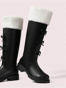 CUCCOO DOLLMOD Women's Casual Round Toe High Boots With Bow Decor And Fringes, Versatile For Autumn/Winter - Black - View 2