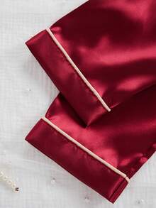 Girls Pajamas Set, Magenta Simple Pocket Heart Print Long Sleeve Cardigan And Long Pants Casual 2 Pieces Sleepwear, Ideal New Year Gift - Burgundy - View 3