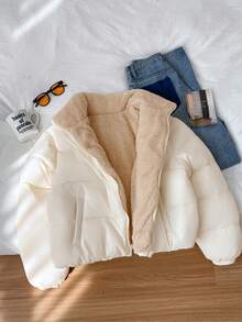 Comfortcana 大码女士休闲蓬松短款夹棉大衣，百搭日常居家穿搭，秋冬季