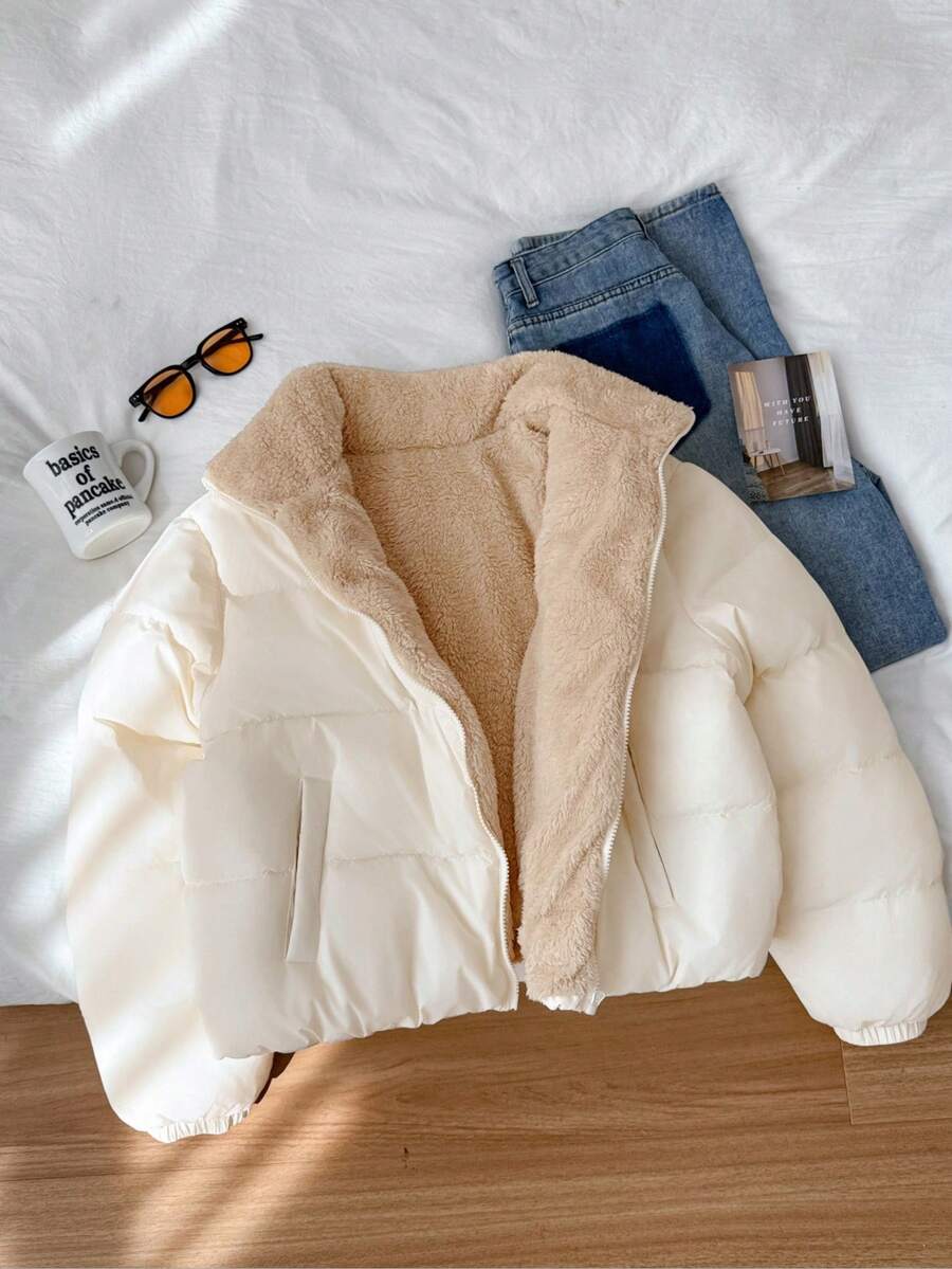 Comfortcana 大码女士休闲蓬松短款夹棉大衣，百搭日常居家穿搭，秋冬季